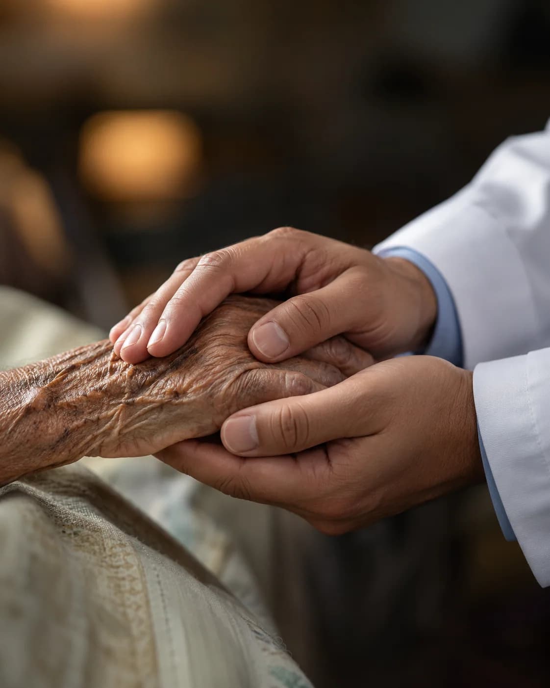 A doctor gently holding an elderly patient's hand