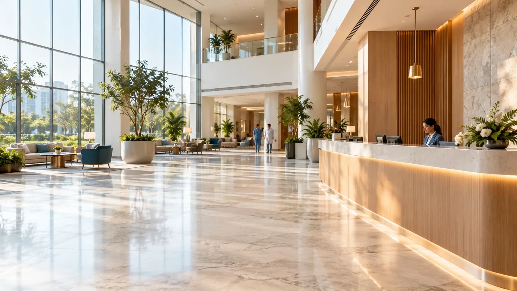 The Kavira lobby: double-height, marble floor and daylight