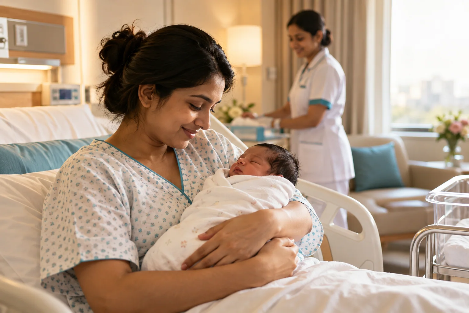 A mother holding her newborn in the maternity suite