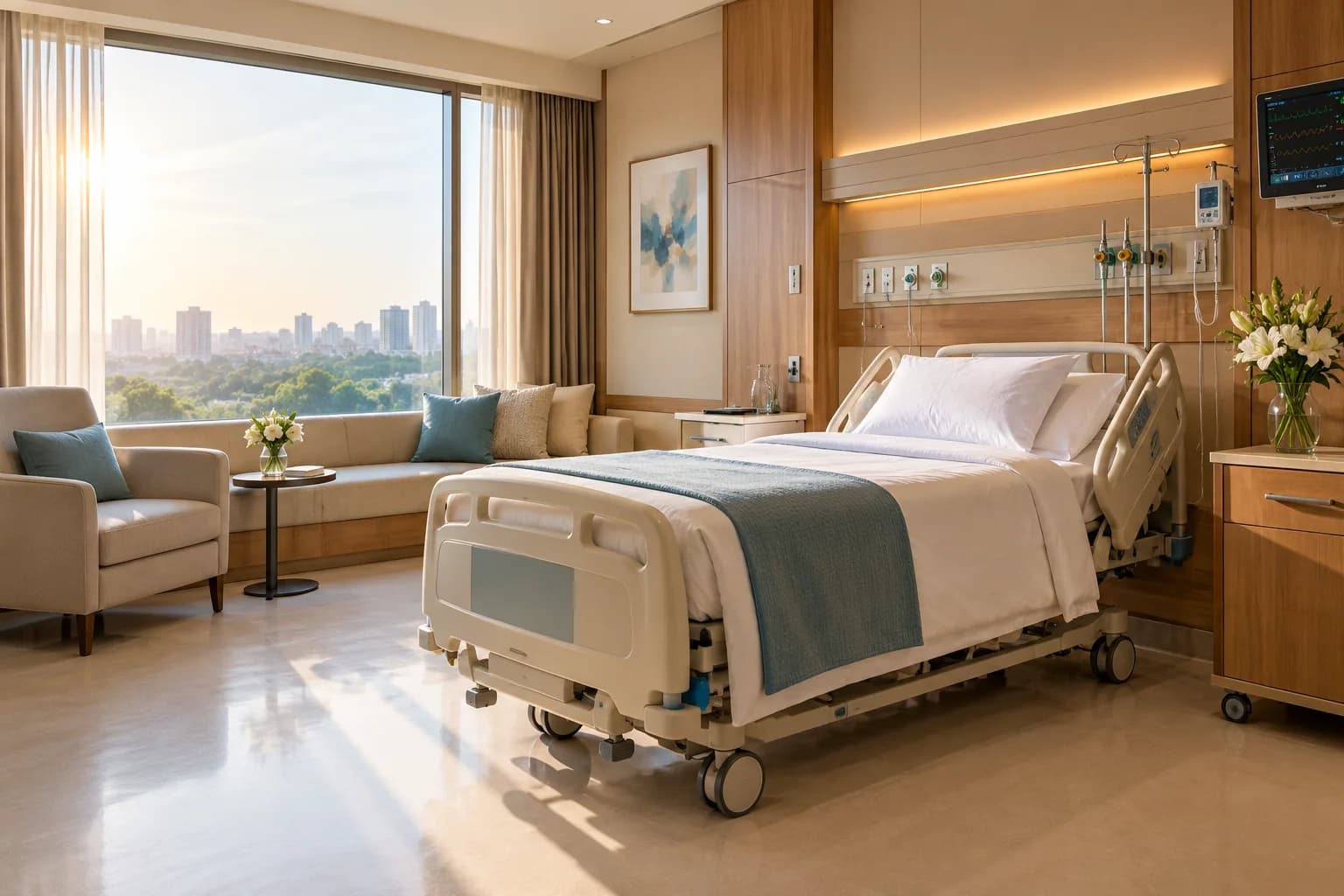 A sunlit private patient room